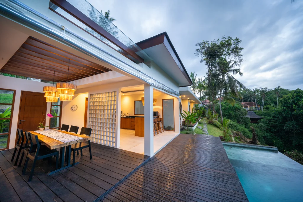 Pool surrounded by tropical garden